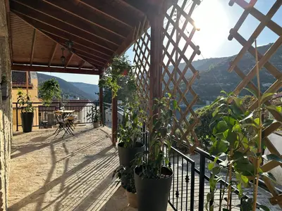 a balcony with potted plants and a view of a mountain at Anerada Cottages in Apsiou