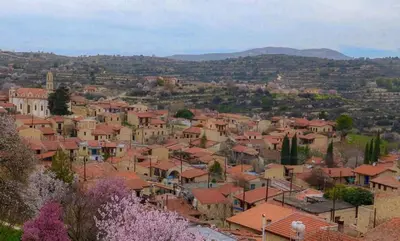 a town with red roofs and houses with trees at Lofou Traditional Stone House in Lofou