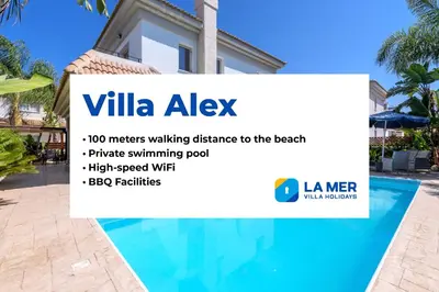 a sign for a villa alkx meters walking distance to the beach at Alex Villa Kapparis in Protaras