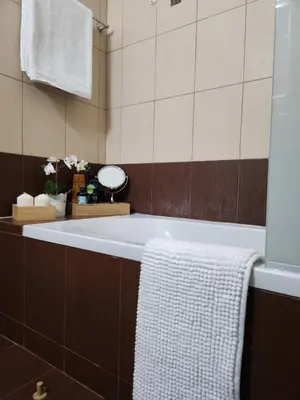 a bathroom with a bath tub and a towel at Maestro III Apartment in Larnaka