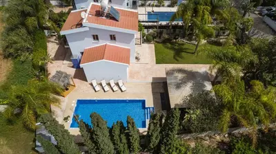 an aerial view of a house with a swimming pool at Thekla Oasis Villa in Ayia Napa