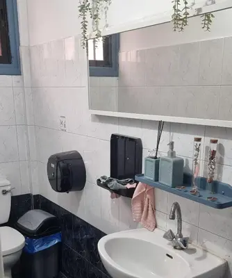 a bathroom with a sink and a mirror and a toilet at LivePro in Larnaka