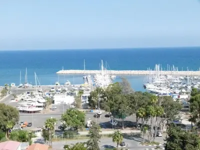 an aerial view of a marina with boats in the water at Aphrodite Heights in Larnaka