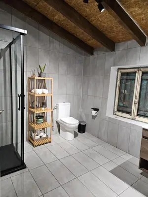 a bathroom with a toilet and a glass shower at Traditional adobe house in Evrychou with cozy garden and fireplace! in Nicosia