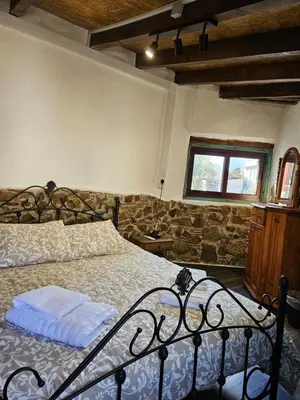 a bedroom with a bed and a stone wall at Traditional adobe house in Evrychou with cozy garden and fireplace! in Nicosia