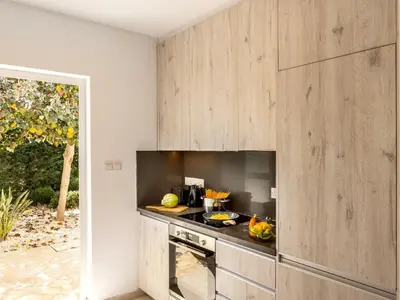 a kitchen with wooden walls and a counter with a stove at Villa Natalie-Mylos H24 in Protaras