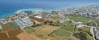 an aerial view of a city next to the ocean at Pernera Blue Villa in Protaras