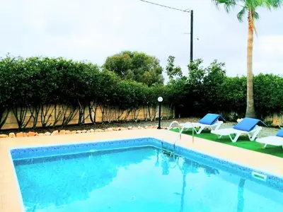 a swimming pool with two chairs and a palm tree at Villa Elena Gardens in Ayia Napa