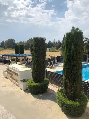 a group of trees in front of a swimming pool at A+A Apartment in Kiti
