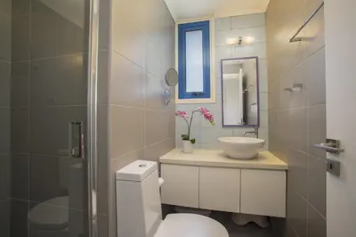 a bathroom with a toilet and a sink and a mirror at Protaras Aster Seaside Suite in Protaras