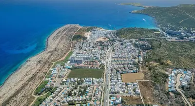 an aerial view of a resort next to the ocean at Villa Amesta in Protaras