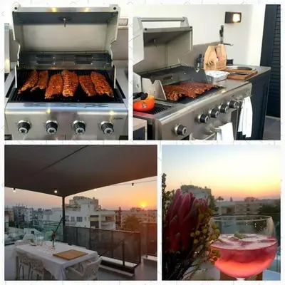 a group of four pictures of a grill with food at PROTEA RESIDENCE with private terrace in Nicosia