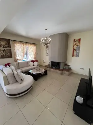a living room with a couch and a fireplace at The Brilliant Villa in Protaras