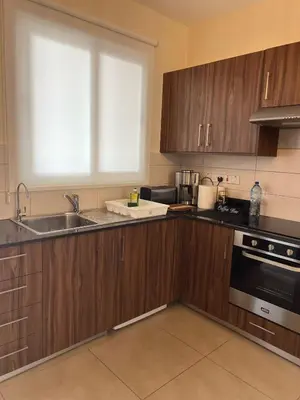 a kitchen with wooden cabinets and a sink at Mythical Sands - Evexia in Paralimni