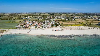an aerial view of a beach and the ocean at Elena Gardens Villa in Ayia Napa