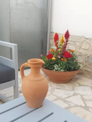 a vase sitting on a table next to a flower pot at AROMA DRYOS in Kato Drys