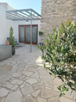 a patio with a stone walkway with plants at AROMA DRYOS in Kato Drys