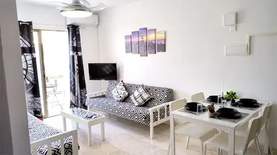 a living room with a couch and a table at SPECIAL OFFER -70 Percent OFF - Sleep 5 - Best Location - Free Parking in Ayia Napa