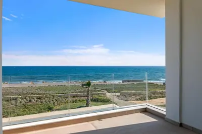 a room with a view of the ocean at Serenity Waves Villa 1 in Sophtadhes