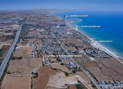 an aerial view of a town next to the ocean at Villa Stephanie Oasis in Ayia Napa