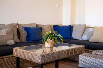 a living room with a couch and a table with a plant at Traditional House Agia Varvara Village in Ayvaryara