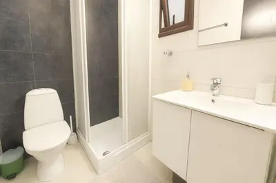a white bathroom with a toilet and a shower at Old town studio in Limassol