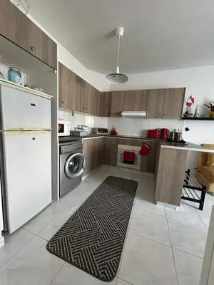 a kitchen with a white refrigerator and a kitchen rug at Nikoletta apartman in Limassol