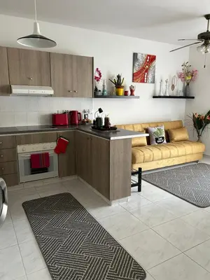 a kitchen with a couch and a table in a room at Nikoletta apartman in Limassol