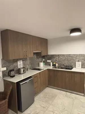 a kitchen with wooden cabinets and a stainless steel refrigerator at Luca Apts Napa in Ayia Napa