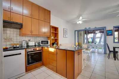 a kitchen with wooden cabinets and a white appliance at Ammos Villa 20 Side Seaview in Larnaka