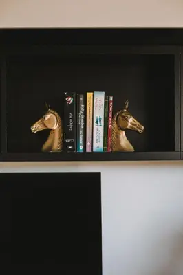 a shelf with two books and two horse heads at Neapolis Residence Spacious Quiet Near beach in Limassol