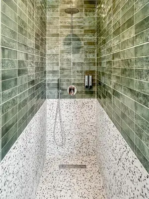 a bathroom with a shower with a tiled shower at Terrazzo style 2 bedroom 2bathroom Apartment in Larnaka