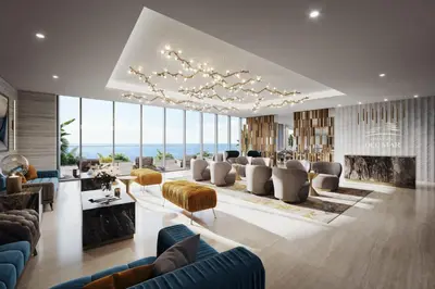 a living room with couches and a fireplace at Del Mar 2 Luxe Bedroom 'C' Highrise Residence in Limassol