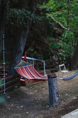 a couple of hammocks sitting next to a tree at Warm Family Glamping Cabin with Kids Playground in Arakapas