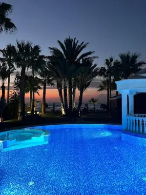 a large blue swimming pool with palm trees at night at Beachfront villa Meneou in Meneou