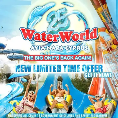 a poster for the water world at akamaza syringes the big one at Ayia Napa Marina Luxury Villas - Diamond in Ayia Napa