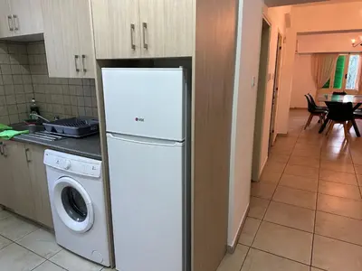 a kitchen with a refrigerator and a washing machine at city center accommodation in Nicosia