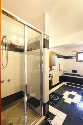 a bathroom with a shower and a black and white tile floor at Olive Tree Apartments in Limassol