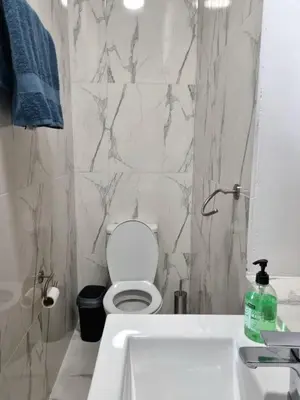 a white bathroom with a toilet and a sink at Villa Christothea in Paphos