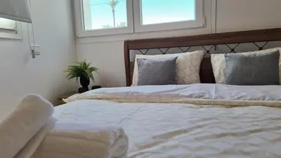 a bedroom with two beds and a potted plant at STAY Novel Apartment in Larnaka