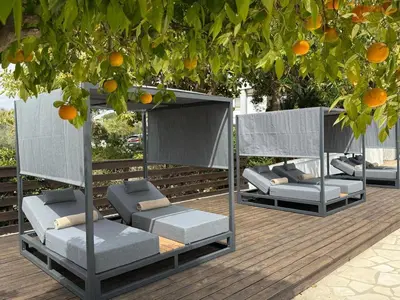 a group of beds sitting under an orange tree at Cyprotel Florida in Ayia Napa