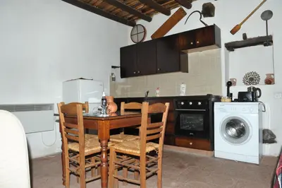 a kitchen with a table and a washing machine at Zangoulos Villa in Kakopetria