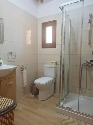 a bathroom with a toilet and a shower at Cottage in Anogyra in Anoyira