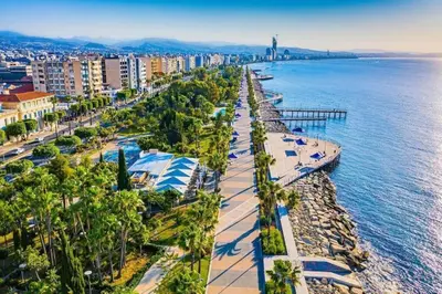 an aerial view of a city next to the water at Stylish Newly Renovated Flat, 250 Meters from the Beach, Central Location with Free Parking in Limassol
