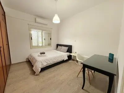 a small bedroom with a bed and a desk at Green Door 3bdr flat City Centre in Nicosia