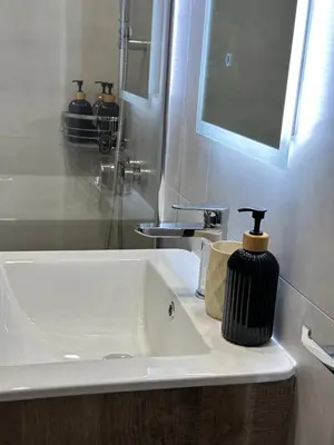 a bathroom sink with a soap dispenser on it at Joanna & Arya Central Engomi Apts in Nicosia