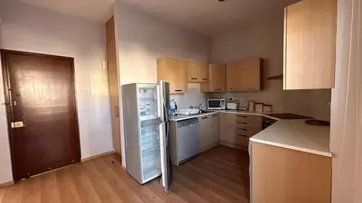 a small kitchen with a refrigerator and wooden cabinets at Bougainvillea in Nicosia