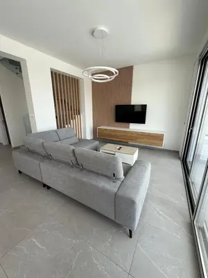 a living room with a couch and a flat screen tv at Theo luxury Napa villa in Ayia Napa
