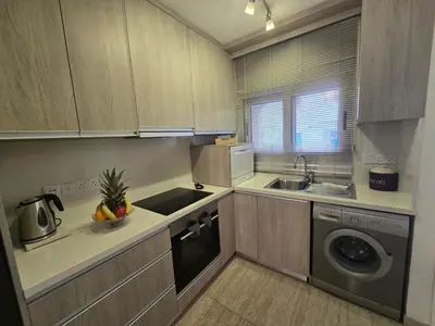 a small kitchen with a sink and a dishwasher at Seaside Escape Apartment in Larnaka