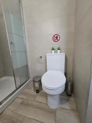 a bathroom with a toilet and a walk in shower at Seaside Escape Apartment in Larnaka